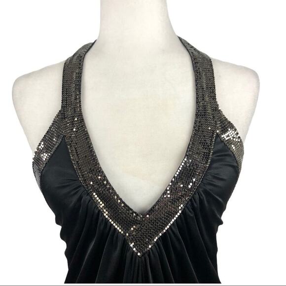 BCBG Diamante Mesh Mini Dress Black V-Neck Halter XS Clubwear Disco Party - Picture 12 of 14